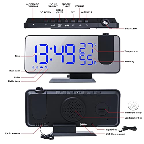 FM Radio LED Digital Smart Alarm Clock Watch Table Electronic Desktop Clocks USB Wake Up Clock with 180° Time Projector Snooze Black-Blue China.