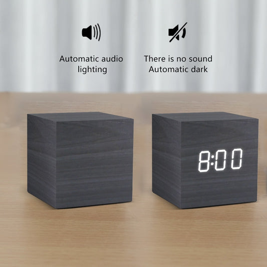 Alarm Clock LED Wooden Watch Table Voice Control Digital Wood Despertador USB/AAA Powered Electronic Desktop Clocks.