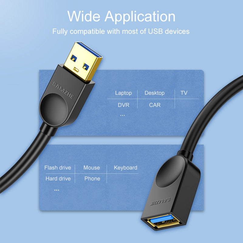 SAMZHE USB 3.0 Extension Male to Female 2.0 Extender Cable For PC TV PS4 Computer Laptop Extender.