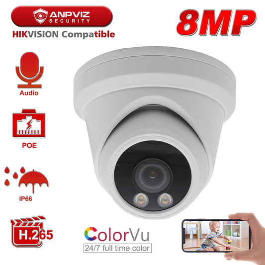 Hikvision Compatible Anpviz 8MP ColorVu IP Camera Starlight POE Turret Super Color Night Vision 30m Audio IP66 2.8mm Lens Danale.