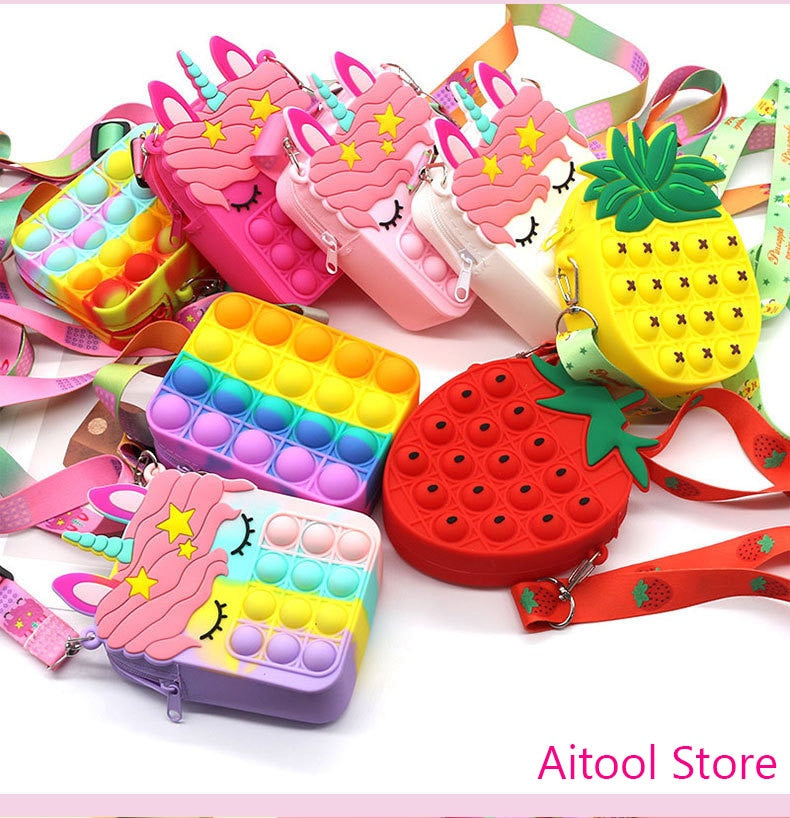 New Cute Unicorn Pop Dimple Messenger Bag Fidget Toy Push Anti Stress Children Toy Popites Keychain Wallet Girl Crossbody Pack.