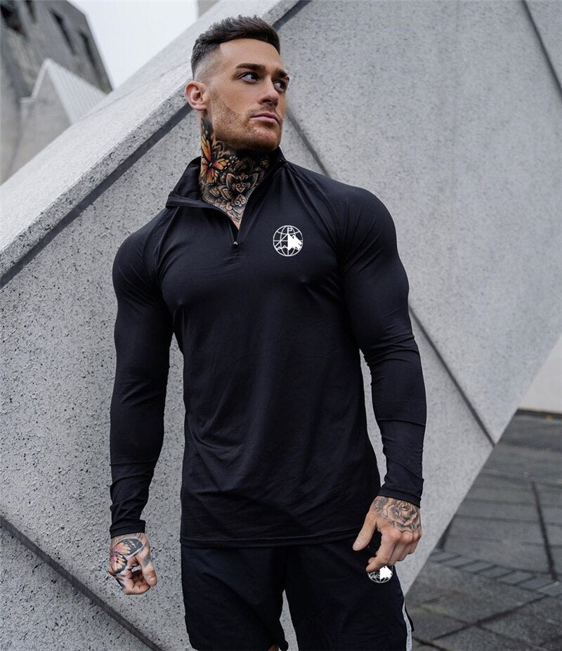 Sport Shirt Men Rashgard Zipper Neck Fitness Tshirts Running T Shirt Long Sleeve Quick Dry Sport Bodybuilding Gym Training Shirt