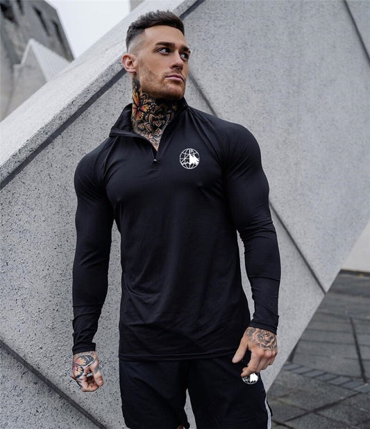 Sport Shirt Men Rashgard Zipper Neck Fitness Tshirts Running T Shirt Long Sleeve Quick Dry Sport Bodybuilding Gym Training Shirt