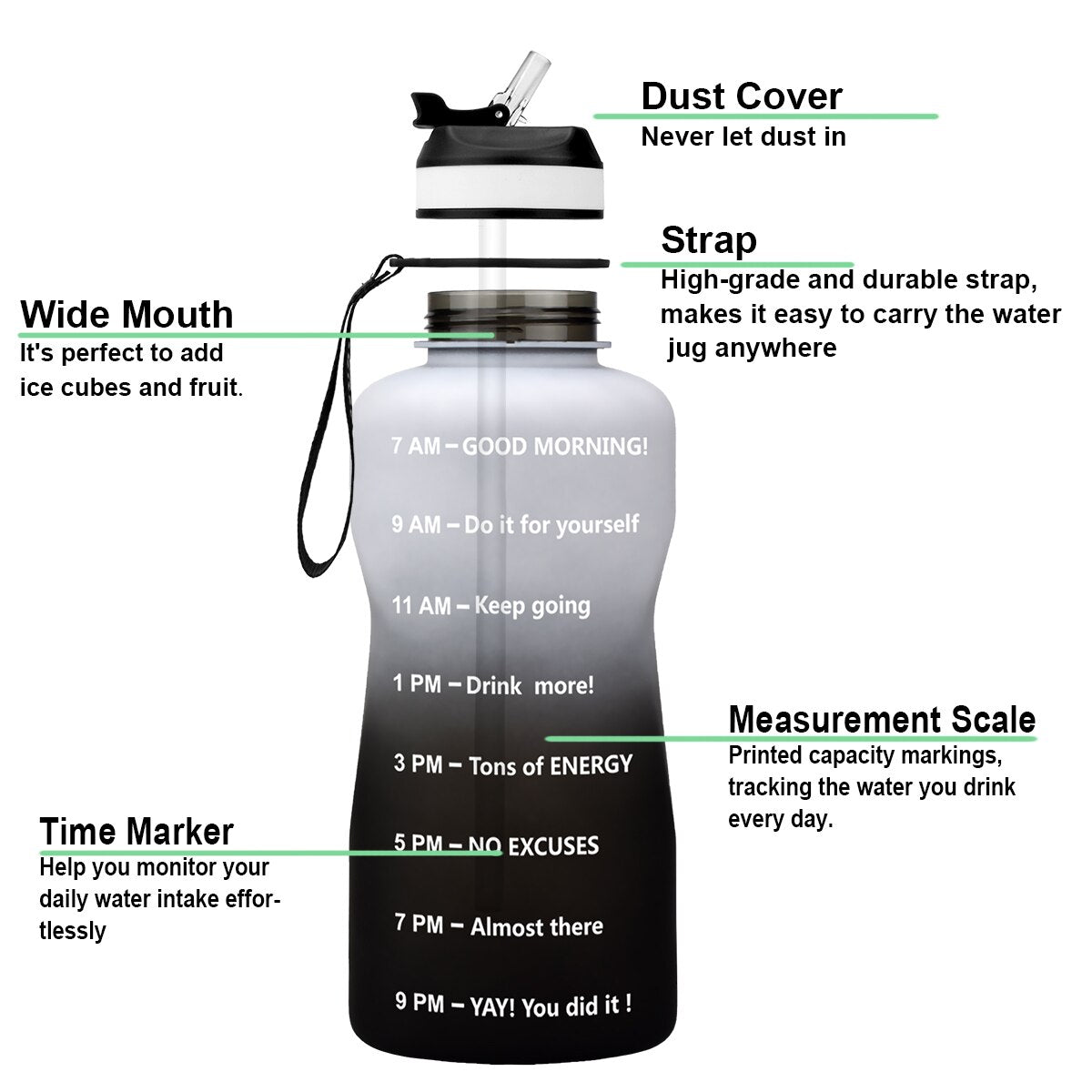 QuiFit 2L 1.3L 64OZ 43oz Tritan Water Bottle With Straw & Time Markings BPA Free Portable Protein Shaker Sports GYM Drinking Jug