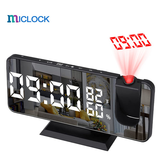 MICLOCK Dual Loud Smart Alarm Clock Projection for Bedroom Radio Digital Alarm Clock with USB Charger Large Mirror LED Display.