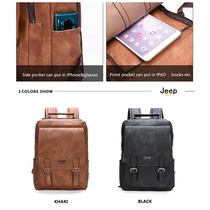 JEEP BULUO Men Leather Backpacks Travel Multi Male Mochila Military camouflage style Men 15.6" Laptop School Bag College style