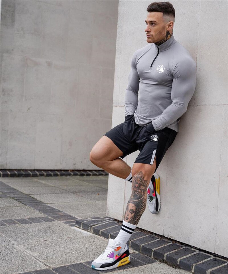 Sport Shirt Men Rashgard Zipper Neck Fitness Tshirts Running T Shirt Long Sleeve Quick Dry Sport Bodybuilding Gym Training Shirt
