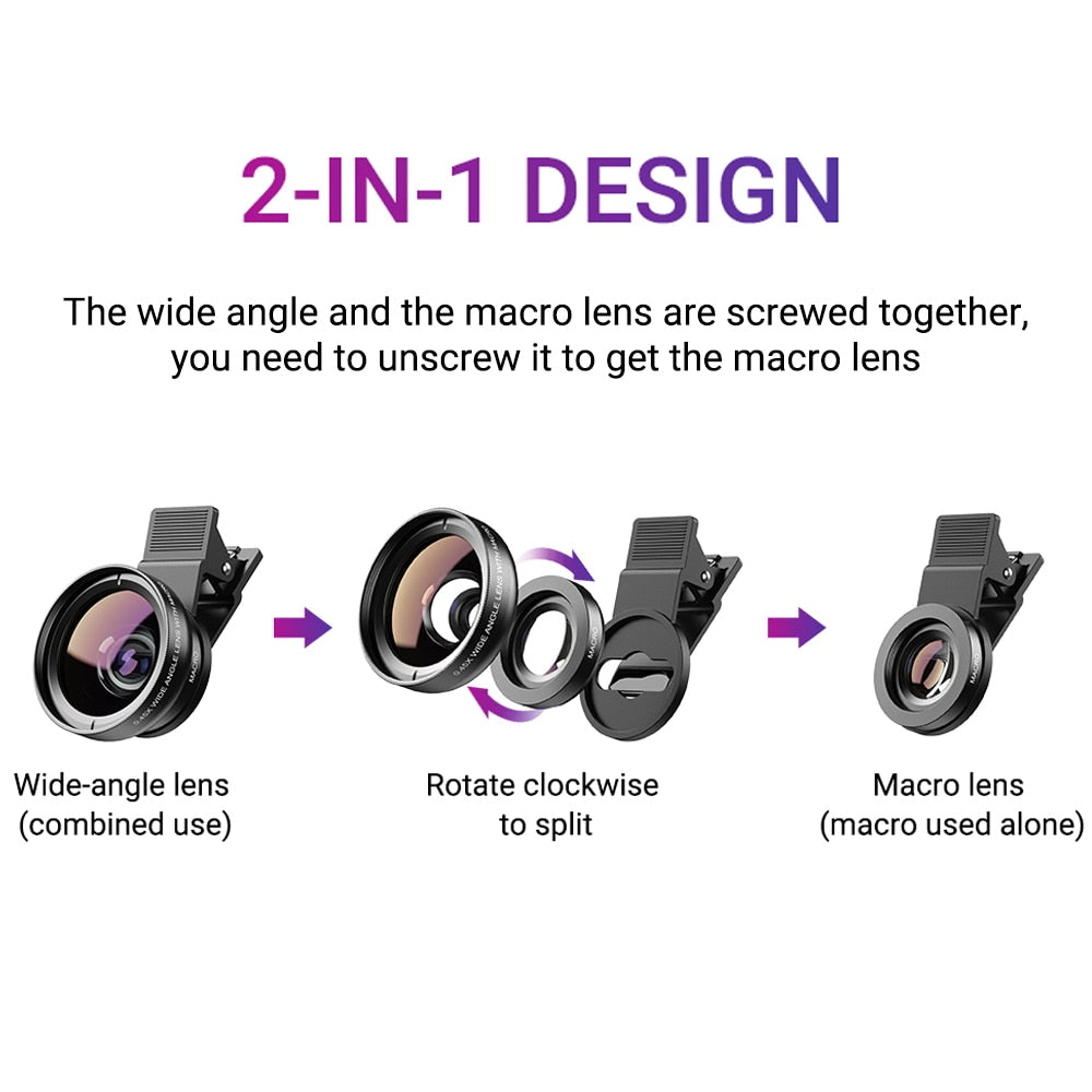 APEXEL Phone Lens kit 0.45x Super Wide Angle & 12.5x Macro Micro Lens HD Camera Lentes for iPhone 6S 7 Xiaomi more cellphones.