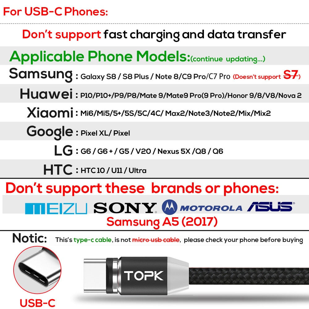 TOPK AM23 LED Magnetic Micro USB Type C Cable Data Mobile Phone Cables Charging Cord Fast Quick Charge Wire for iPhone Charger