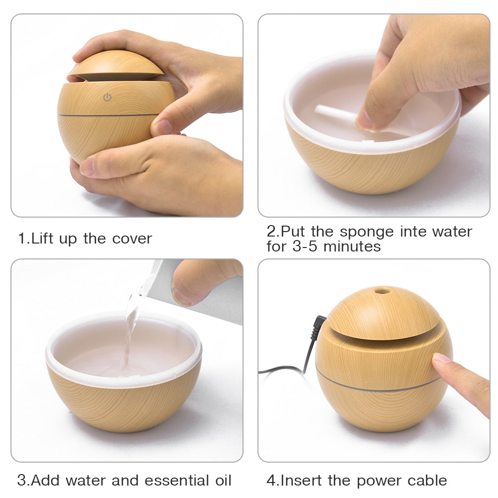 Mini Air Humidifier Ultrasonic USB Aroma Diffuser Wood Grain LED Night Light Electric Essential Oil Diffuser Aromatherapy Home.