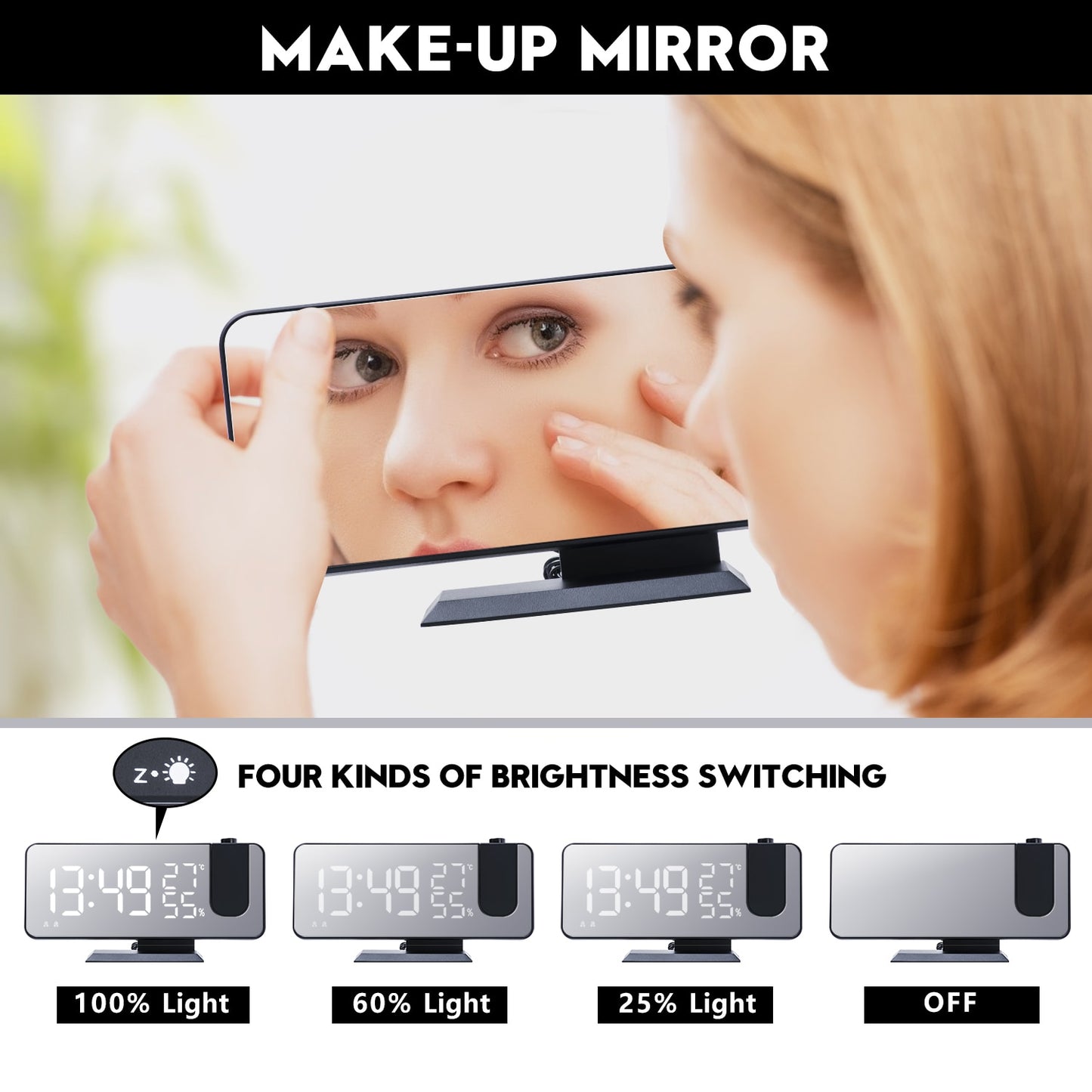 MICLOCK Dual Loud Smart Alarm Clock Projection for Bedroom Radio Digital Alarm Clock with USB Charger Large Mirror LED Display.