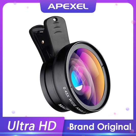 APEXEL Phone Lens kit 0.45x Super Wide Angle & 12.5x Macro Micro Lens HD Camera Lentes for iPhone 6S 7 Xiaomi more cellphones.