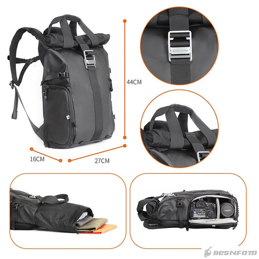 Besnfoto BN-2020 DSLR Backpack Rolltop Laptop Compartment Quick Side Access Waterproof Camera Bag For Hiking Traveling