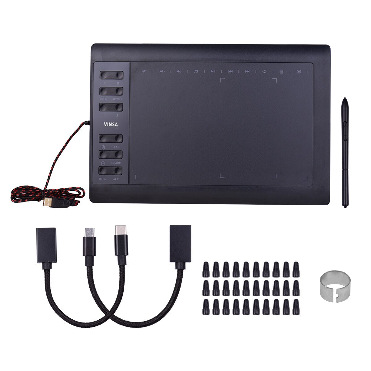 10x6" Professional Graphics Drawing Tablet 12 Express Keys 8192 Levels Battery-Free Stylus/8pcs Nibs/Pen Clip Support PC/Laptop