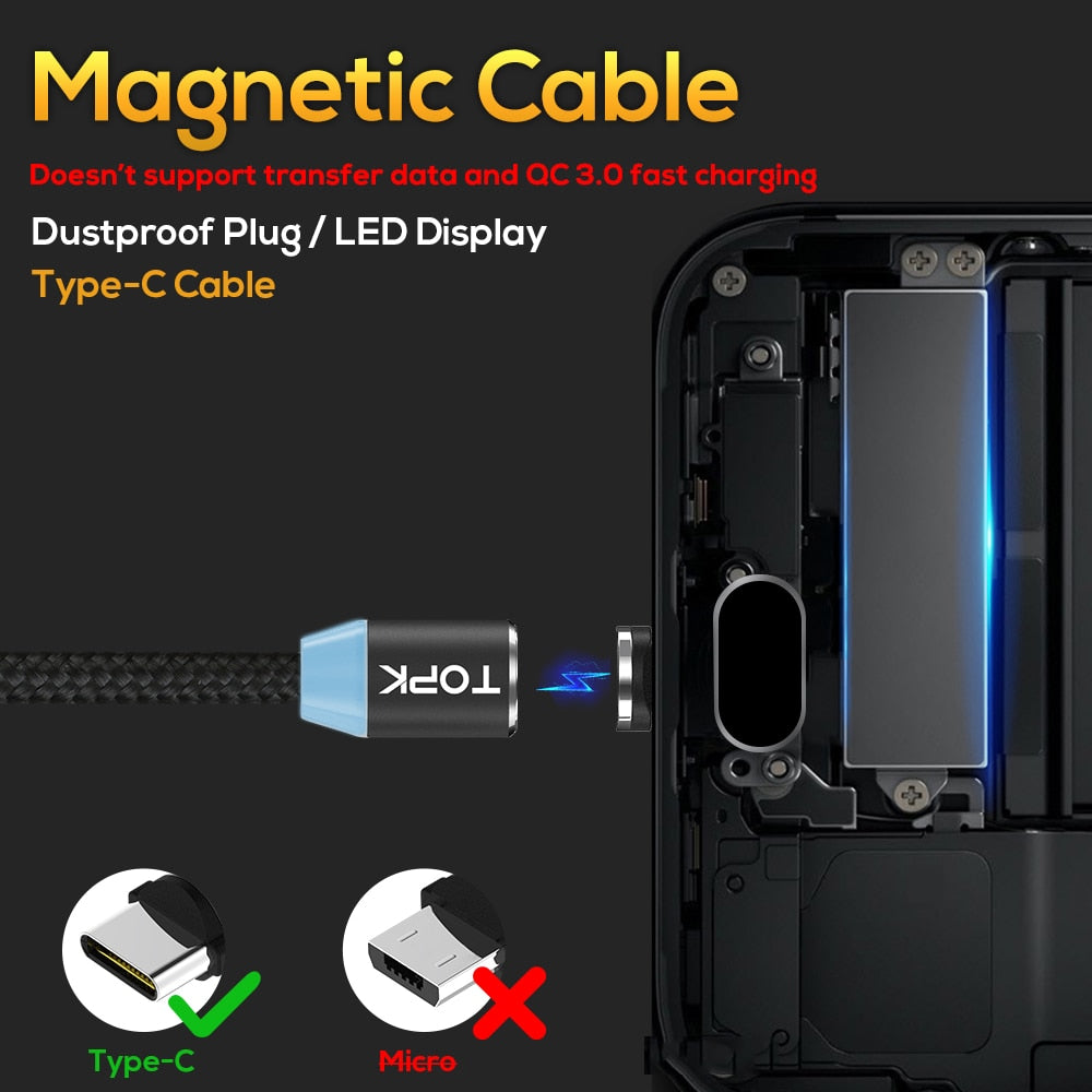 TOPK AM23 LED Magnetic Micro USB Type C Cable Data Mobile Phone Cables Charging Cord Fast Quick Charge Wire for iPhone Charger