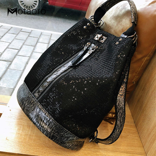 New Fashion Sequins Leather Laptop Backpack Women Female Personality Lock Anti Theft Bagpack Travel Mochila Feminina Back Pack