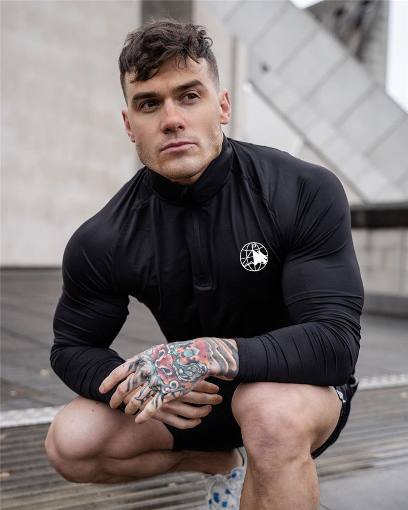 Sport Shirt Men Rashgard Zipper Neck Fitness Tshirts Running T Shirt Long Sleeve Quick Dry Sport Bodybuilding Gym Training Shirt