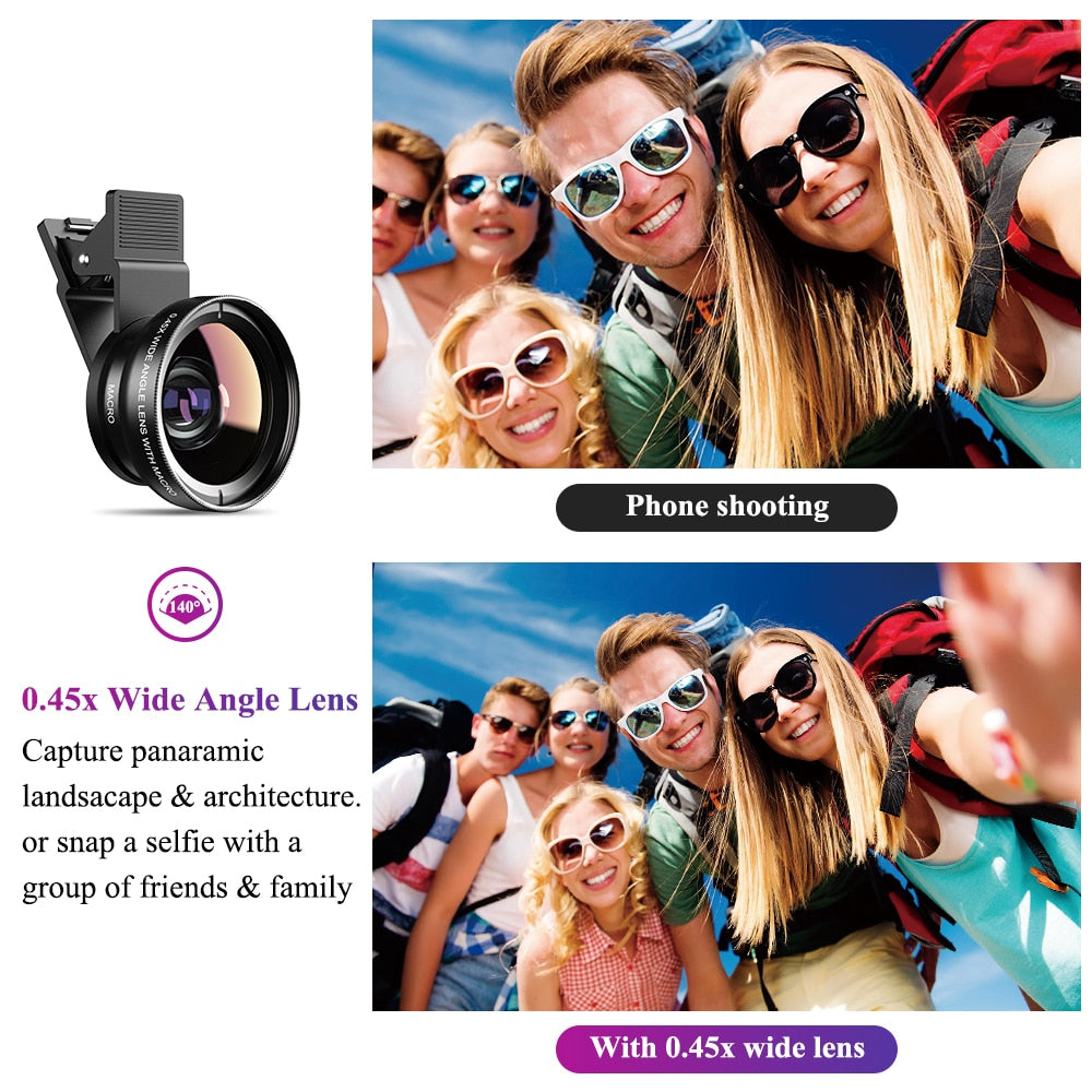 APEXEL Phone Lens kit 0.45x Super Wide Angle & 12.5x Macro Micro Lens HD Camera Lentes for iPhone 6S 7 Xiaomi more cellphones.