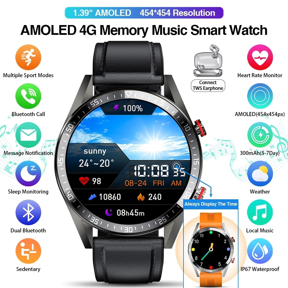 2021 New 454*454 Screen Smart Watch Always Display The Time Bluetooth Call Local Music Smartwatch For Mens Android TWS Earphones.