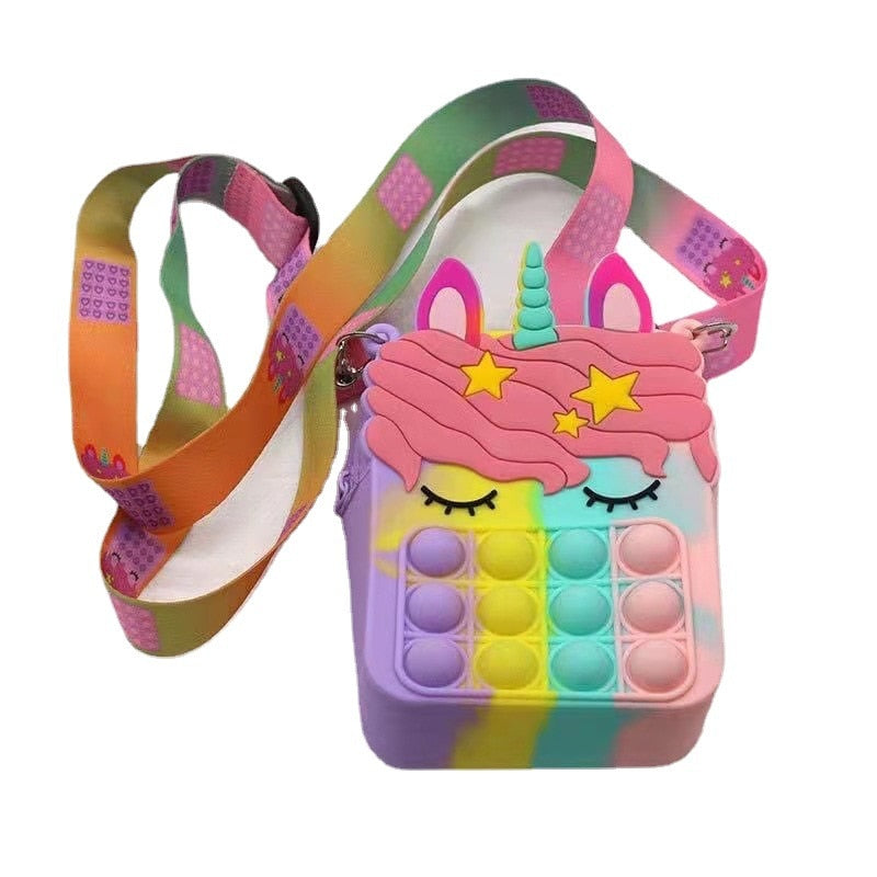 New Cute Unicorn Pop Dimple Messenger Bag Fidget Toy Push Anti Stress Children Toy Popites Keychain Wallet Girl Crossbody Pack.