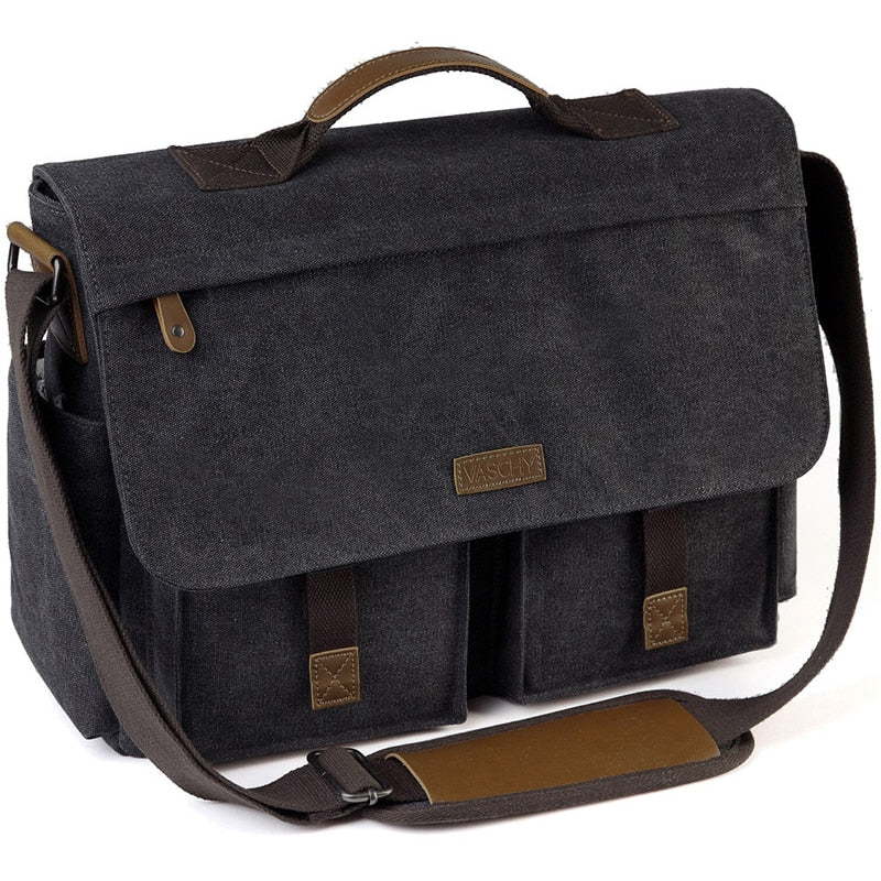 VASCHY Messenger Bag for Men Vintage Water Resistant Waxed Canvas 15.6 inch Laptop Briefcase Padded Shoulder Bag for Men Women