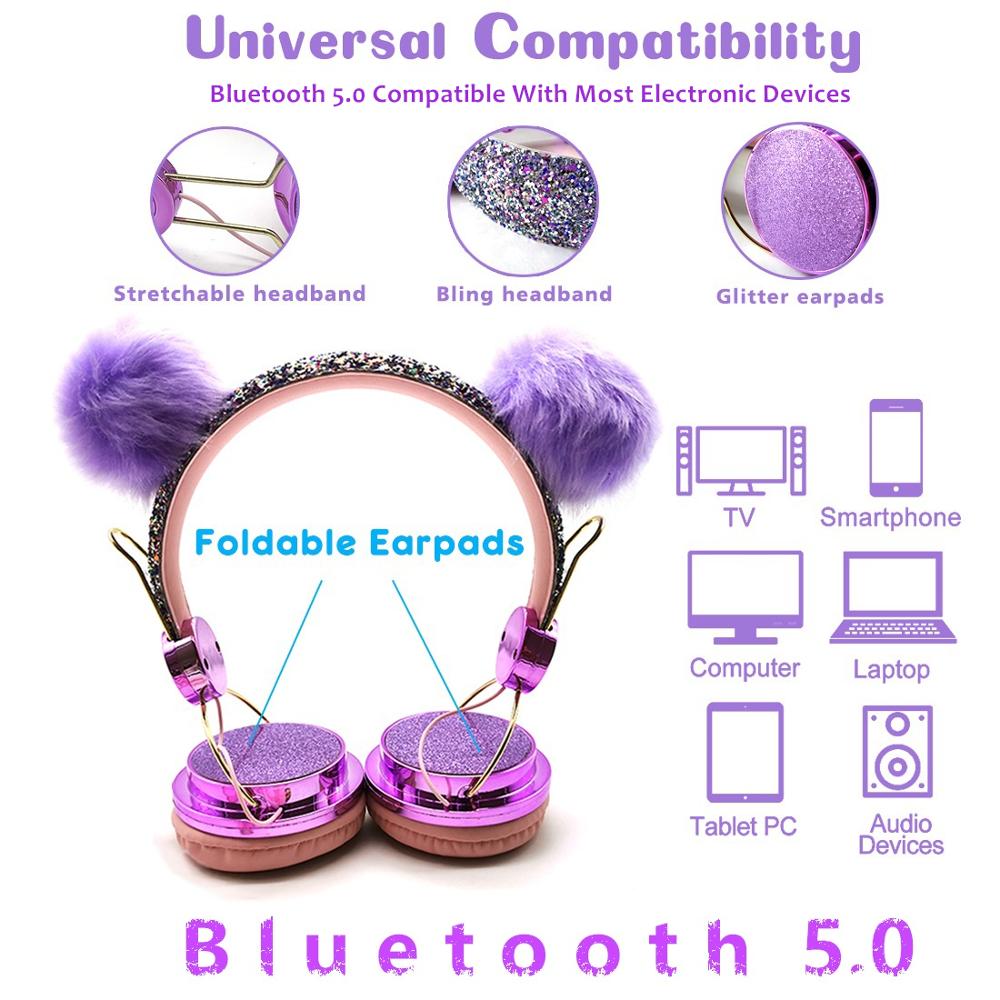Bluetooth Cute Kids Wireless Headphone with Microphone Girls 3.5mm Music Stereo Earphone Computer Mobile Phone Cat Headphones.