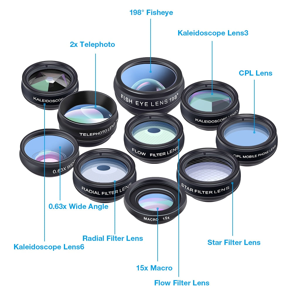 APEXEL Phone Camera Lens 10 in 1 Kit Wide Fisheye Telephoto Macro Lens With Remote Shutter for iPhone Samsung Most Smartphones.
