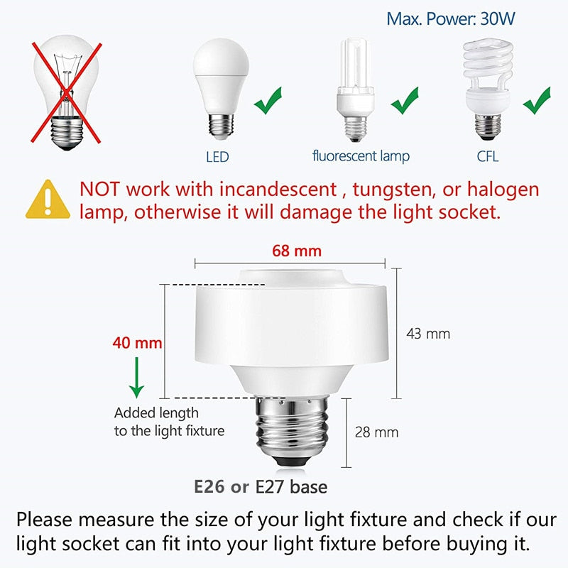 Tuya Smart WiFi Light Socket Lamp Holder for Led Bulb E27 E26 Google Home Echo Alexa Voice Control, Remote Control ON OFF.