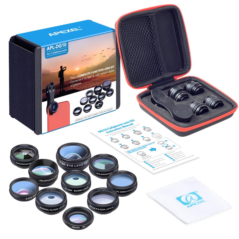 APEXEL Phone Camera Lens 10 in 1 Kit Wide Fisheye Telephoto Macro Lens With Remote Shutter for iPhone Samsung Most Smartphones.