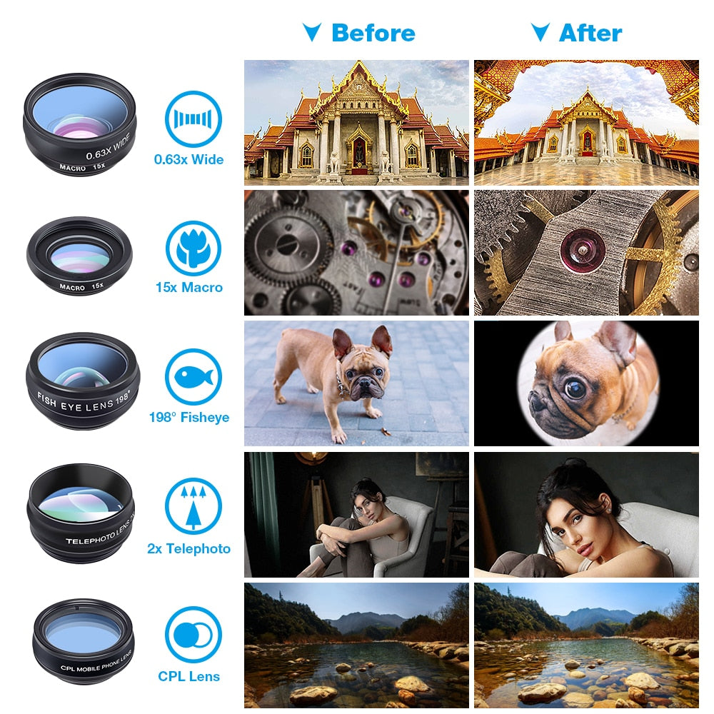 APEXEL Phone Camera Lens 10 in 1 Kit Wide Fisheye Telephoto Macro Lens With Remote Shutter for iPhone Samsung Most Smartphones.
