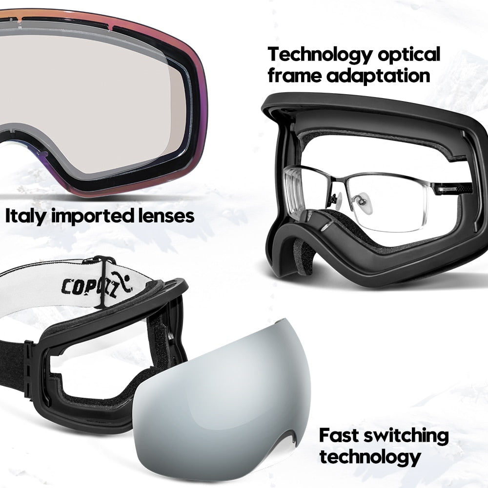 COPOZZ Anti-Fog Ski Goggles Spherical Frameless Ski Snowboard Snow Goggles 100% UV400 Protection Anti-Slip Strap for Men Women