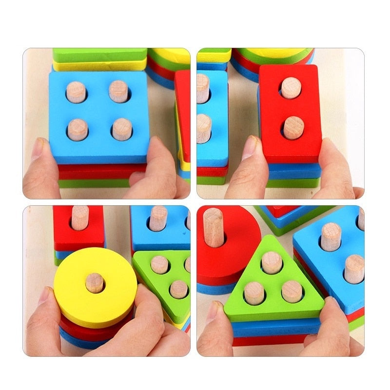 Baby Toys Educational Colorful Wooden Geometric Sorting Board Montessori Kids Educational Toys Stack Building Puzzle Child Gift