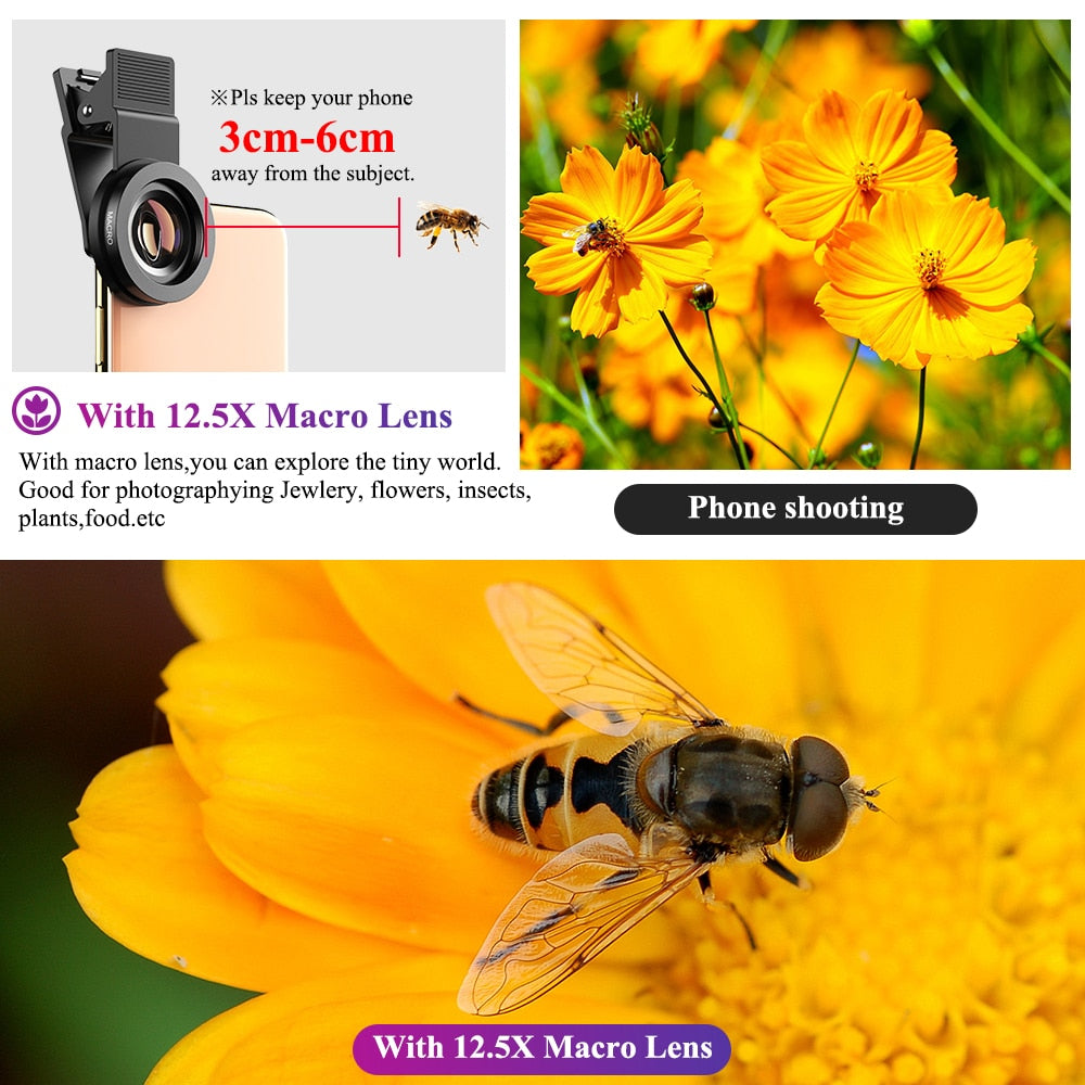 APEXEL Phone Lens kit 0.45x Super Wide Angle & 12.5x Macro Micro Lens HD Camera Lentes for iPhone 6S 7 Xiaomi more cellphones.