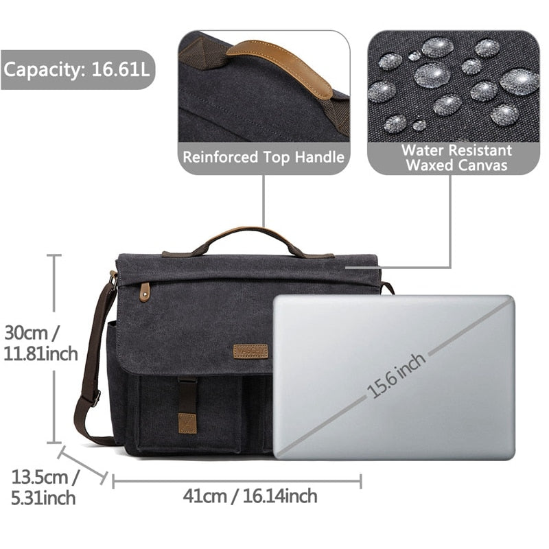 VASCHY Messenger Bag for Men Vintage Water Resistant Waxed Canvas 15.6 inch Laptop Briefcase Padded Shoulder Bag for Men Women