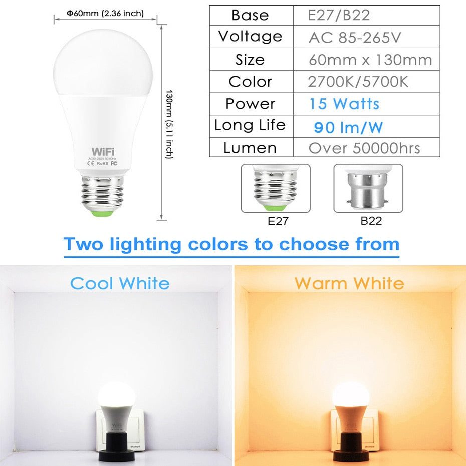 15W Smart WiFi Light Bulb E27 B22 Dimmable LED Lamp APP Smart Wake up Night Light Compatible with Amazon Alexa Google Home.