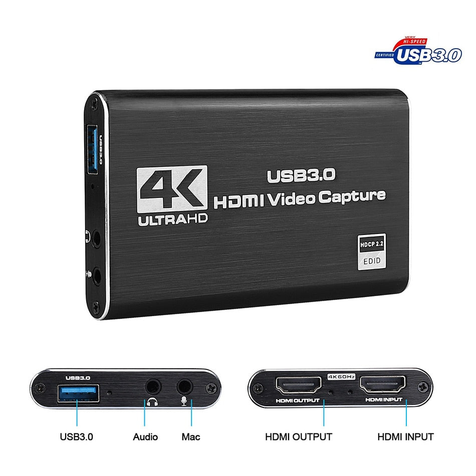 4K HDMI to USB 3.0 HD Video Audio Game Capture Card Device for 1080P 60FPS TV Box Camera Live Streaming PS4 Game Box Recorder.