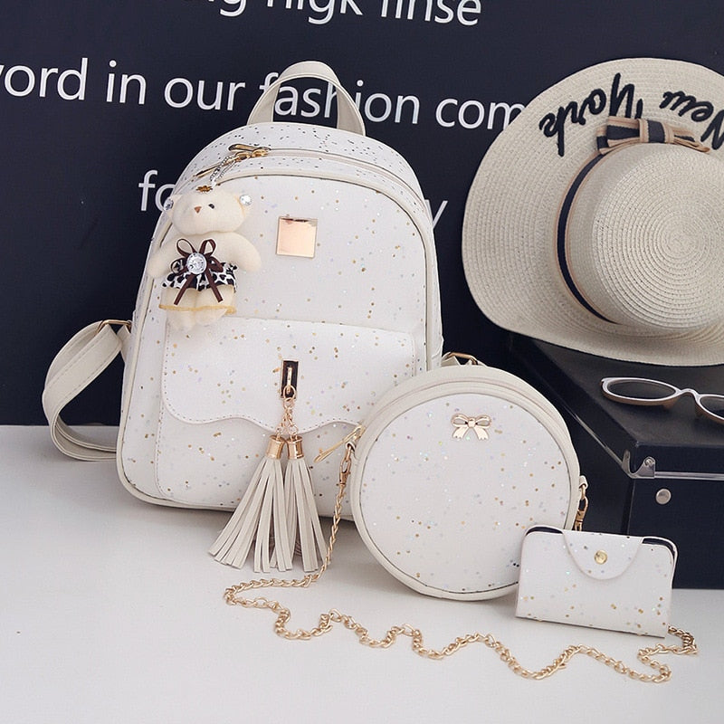 High Quality Women Pu Leather Backpacks Fashion 3 Pieces Set School Bags for Teenager Girls Casual Female Travel Laptop Backpack.