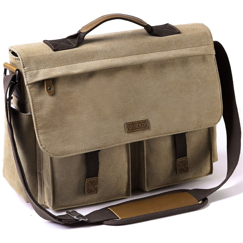 VASCHY Messenger Bag for Men Vintage Water Resistant Waxed Canvas 15.6 inch Laptop Briefcase Padded Shoulder Bag for Men Women