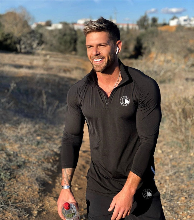Sport Shirt Men Rashgard Zipper Neck Fitness Tshirts Running T Shirt Long Sleeve Quick Dry Sport Bodybuilding Gym Training Shirt
