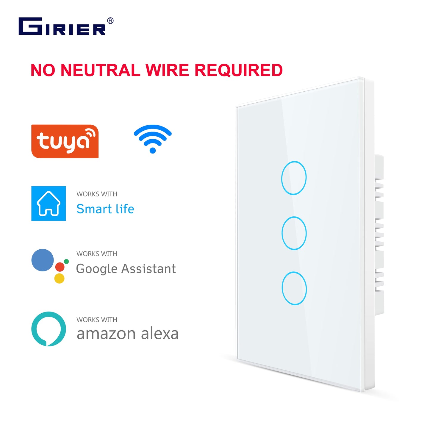 Smart Wifi Touch Switch No Neutral Wire Required Smart Home 1/2/3 Gang Light Switch 220V Support Alexa Tuya App 433RF Remote.