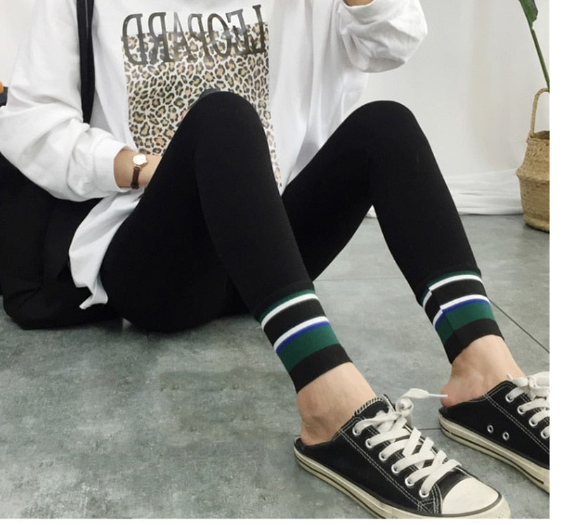 Autumn Harajuku Stripes Stitching Stretch Leggings fitness Feminina Winter Elasticity Fitness Legging Stretchy Trousers