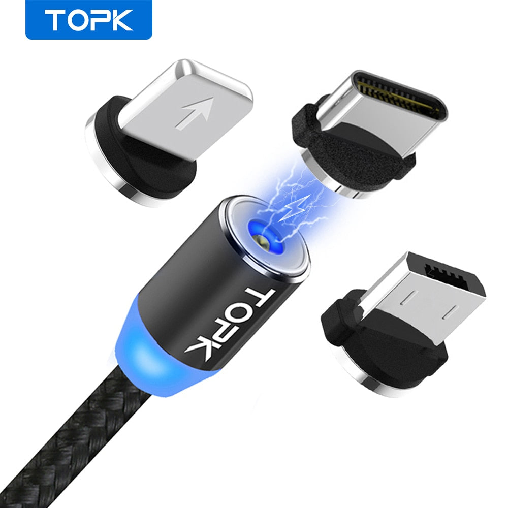 TOPK AM23 LED Magnetic Micro USB Type C Cable Data Mobile Phone Cables Charging Cord Fast Quick Charge Wire for iPhone Charger