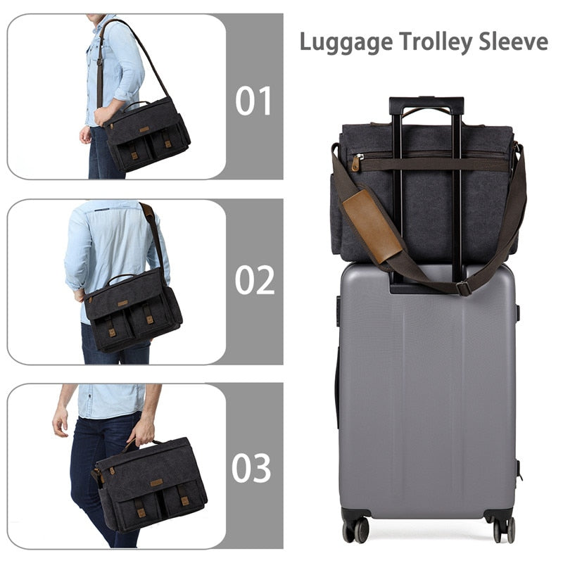 VASCHY Messenger Bag for Men Vintage Water Resistant Waxed Canvas 15.6 inch Laptop Briefcase Padded Shoulder Bag for Men Women