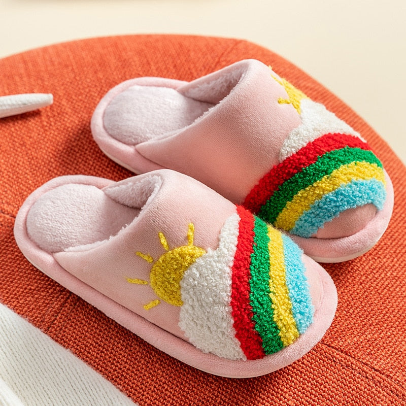 Winter Rainbow Kids Slippers For Grils Boys Indoor Shoes Baby Girl Fur Slides Cotton Flip Flop New Warm House Children Slippers