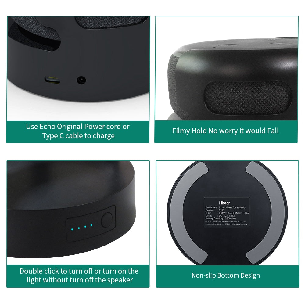 Battery base for Echo Dot 3rd Gen Battery Base portable charger power bank For echo dot 3 Alexa Speaker 8 Hours play time.