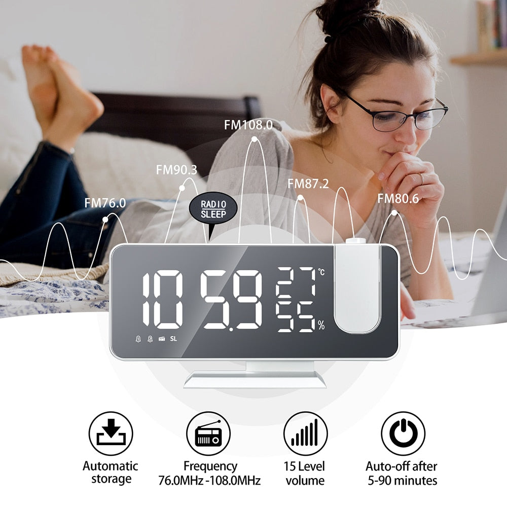 FM Radio LED Digital Smart Alarm Clock Watch Table Electronic Desktop Clocks USB Wake Up Clock with 180° Time Projector Snooze.