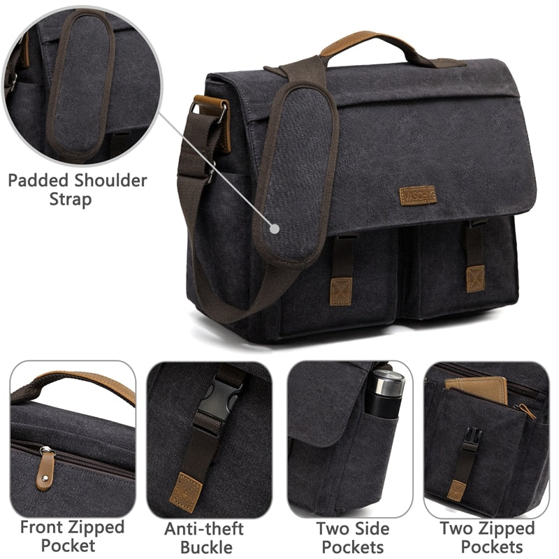 VASCHY Messenger Bag for Men Vintage Water Resistant Waxed Canvas 15.6 inch Laptop Briefcase Padded Shoulder Bag for Men Women