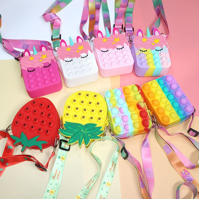 New Cute Unicorn Pop Dimple Messenger Bag Fidget Toy Push Anti Stress Children Toy Popites Keychain Wallet Girl Crossbody Pack.