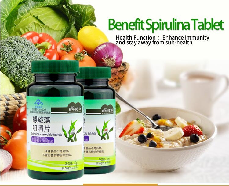 Spirulina Tablet Rich in Protein Multi Vitamins Wafers Algae Alga Spirulina Powder Anti-Fatigue Loss Weight Health Food 60 pills.