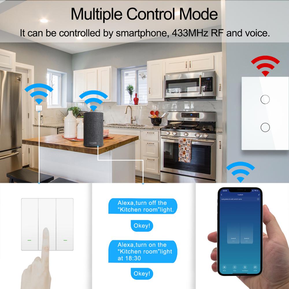 Smart Wifi Touch Switch No Neutral Wire Required Smart Home 1/2/3 Gang Light Switch 220V Support Alexa Tuya App 433RF Remote.